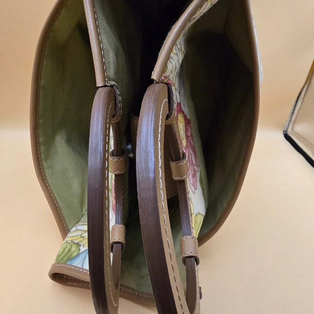 Vintage Fossil  Floral Tapestry Canvas Satchel Bag Circle Handles Tan Leather‎
